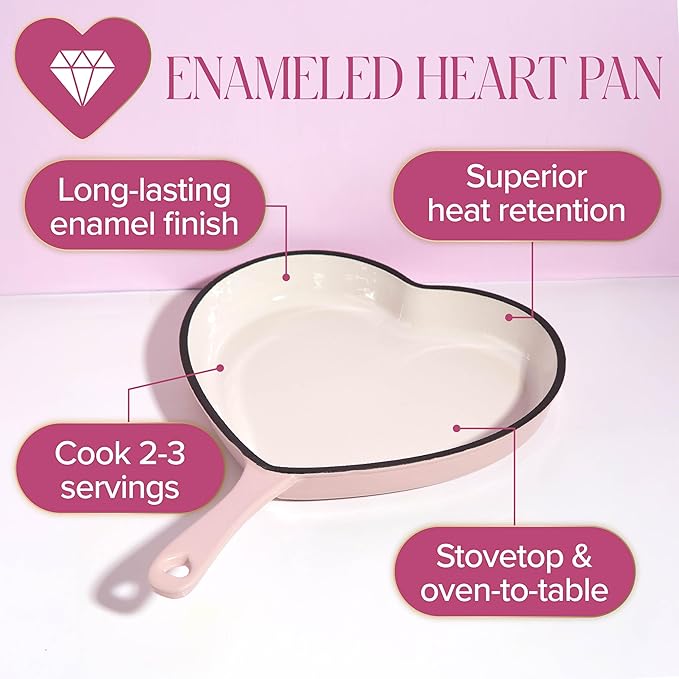 Paris Hilton Enameled Cast Iron Heart Skillet Pan, Superior Heat Retention, Oven Safe, Long-Lasting Enamel, 10-Inch, Pink - Image 2