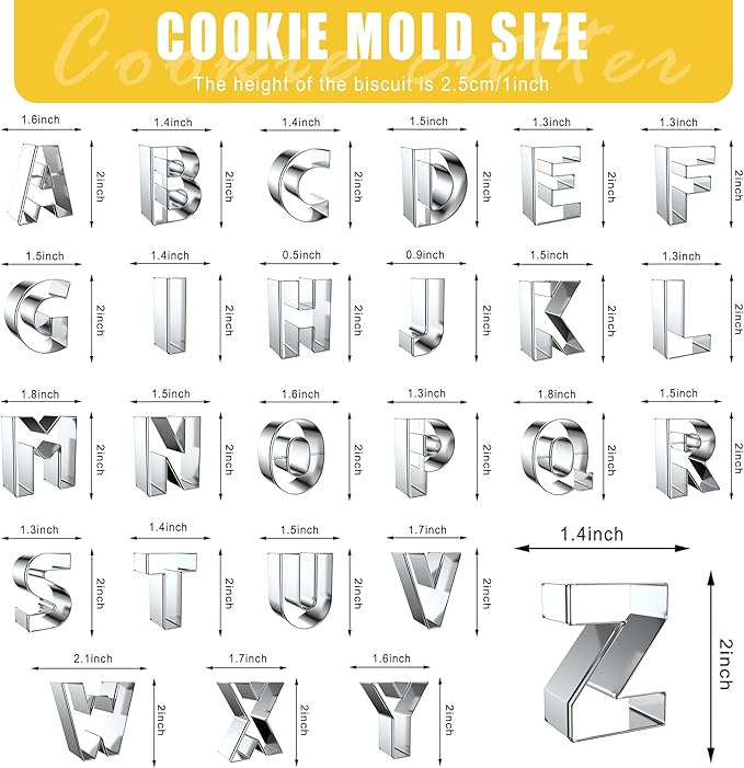 Letter Cookie Cutters Shapes Large 2 Inch - 26 Pcs Stainless Steel Alphabet Letter Cookie Cutter Set Fondant Biscuit Fruit Dough Mold Tools for Sandwich, Birthday, Christmas, and Holiday Party