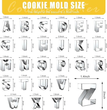 Letter Cookie Cutters Shapes Large 2 Inch - 26 Pcs Stainless Steel Alphabet Letter Cookie Cutter Set Fondant Biscuit Fruit Dough Mold Tools for Sandwich, Birthday, Christmas, and Holiday Party