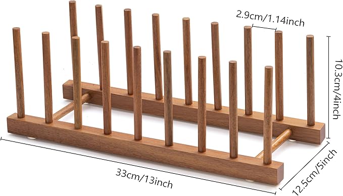 HBlife 2pcs Acacia Wooden Dish Dying Rack Pot Lid Plate Organizer Holder for Cabinet, Cutting Board Stand Drainer Storage Plate Rack for Dish, Pot Lid, Bowl, Cup, Cutting Board and Books - Image 2