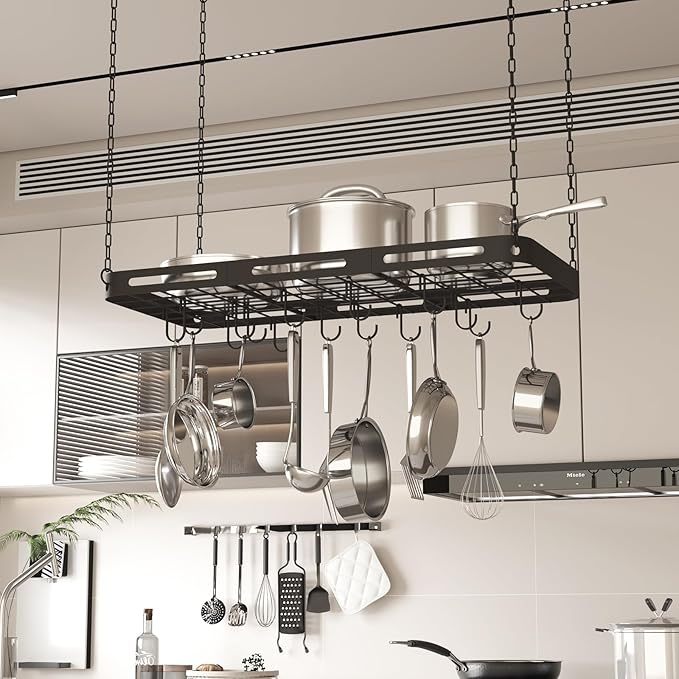 33” Pots and Pans Hanging Rack, Black Hanging Pot Rack Ceiling Mount with 15 Hooks, Heavy-duty Metal Square Kitchen Ceiling Pot Rack, Pot and Pan Hanger for Kitchen Cookware Utensils