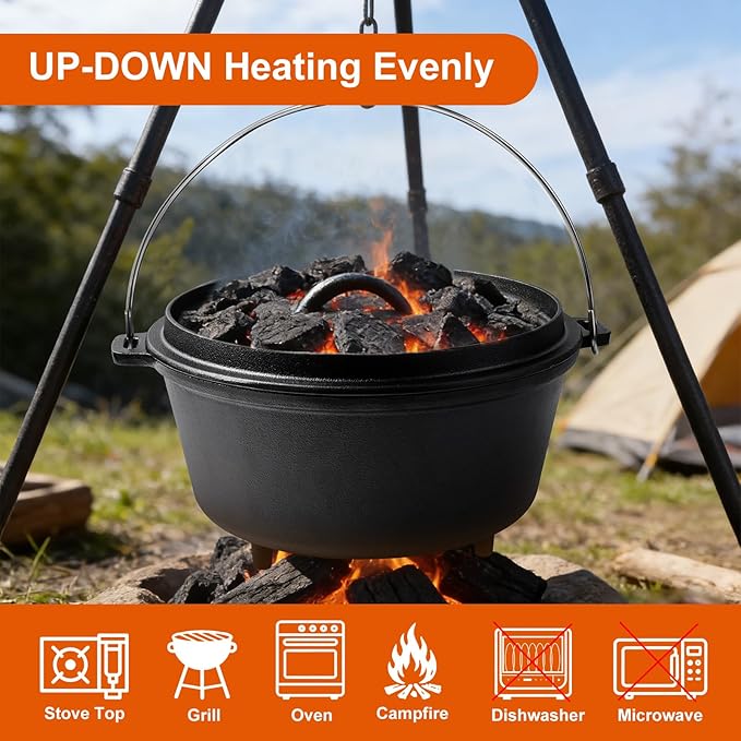 10 QT Pre-Seasoned Cast Iron Camp Dutch Oven with Lid, Large Camping Dutch Oven Pot, incl. Lid Lifter - Dual Handles - for Outdoor Campfire, Grill, Oven&Stovetop Cooking - Black - Image 5