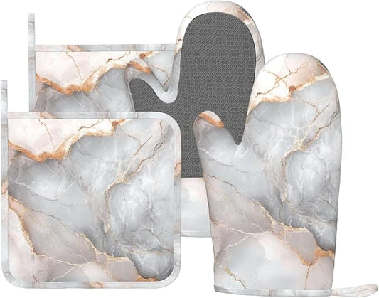 Oven Mitts and Pot Holders Gray Pastel Pink Marble Absstract Silicone Kitchen Accessories Set of 4 Heat Resistant Long Gloves Potholder Non-Slip Grip for Chef Cooking Baking Grilling BBQ