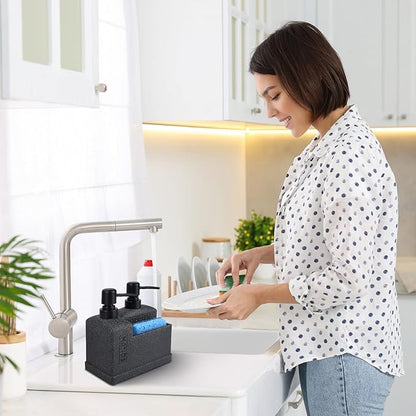 Kitchen Hand Soap and Dish Soap Dispenser Set,Dual Soap Dispenser with Sponge Holder 3-in-1 Organizer for Kitchen Sink,Bathroom,Useful Kitchen Gadgets - Black