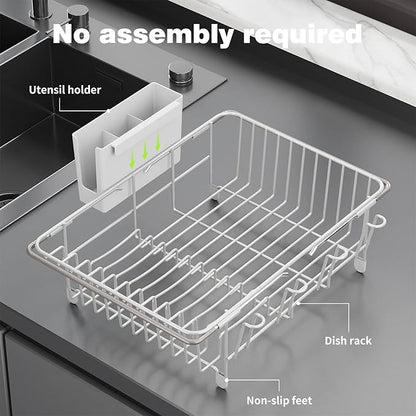 Dish Drying Rack in Sink: Expandable, 3-Slot Utensil Holder, Anti-Slip Handle. Small Dish Rack: Ideal for Small Households. Kitchen Drying Rack: White