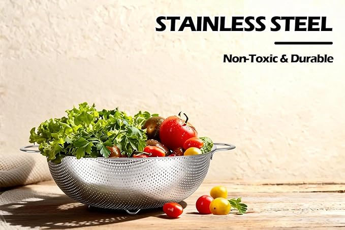 Leonyo Stainless Steel Colander for Kitchen, Micro-Perforated Metal Strainer with Handles for Draining Pasta, Strainers and Colanders Set of 3(1-3-5Quart) for Rinsing, Steaming, Dishwasher Safe - Image 4