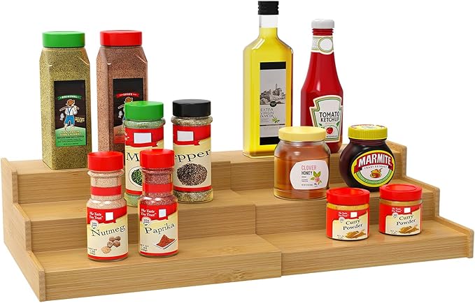 Lenwi Spice Rack Organizer for Cabinet, 3 Tier Expandable Bamboo Spice Storage for Kitchen Cupboard Pantry by Lenwi