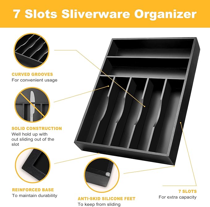 Kitchen Bamboo Silverware Organizer, Kitchen Drawer Organizer - Utensil Holder and Cutlery Tray with Grooved Drawer Dividers for Flatware 7 Slot, Black - Image 5