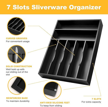 Kitchen Bamboo Silverware Organizer, Kitchen Drawer Organizer - Utensil Holder and Cutlery Tray with Grooved Drawer Dividers for Flatware 7 Slot, Black - Image 5