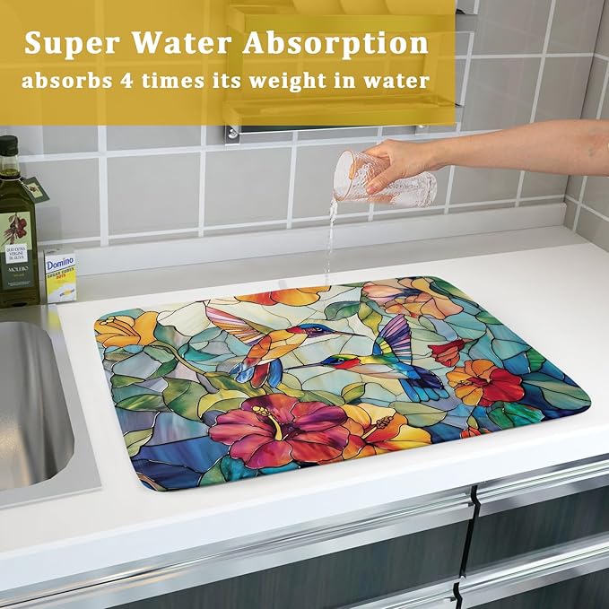 Spring Summer Dish Drying Mat for Kitchen Counter Hummingbird Microfiber Absorbent Dish Draining Reusable Washable Foldable Extra Large 18"x24" - Image 7