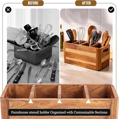 Wooden Caddy Utensil Holder - Premium Acacia Wood Utensil Caddy with Sturdy Design for Easy Organization - Perfect Kitchen Utensil Organizer for Counters, Dining Tables, and Everyday Use