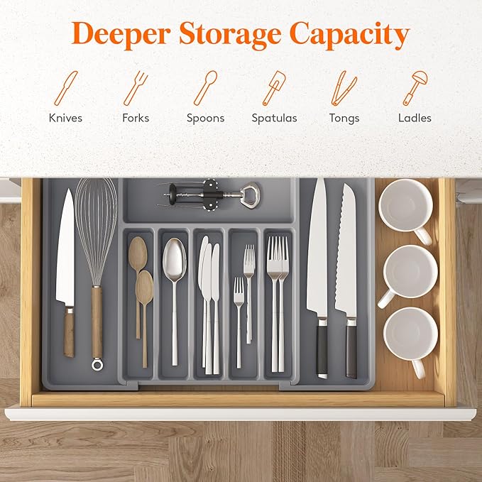 Lifewit Silverware Drawer Organizer, Expandable Utensil Tray for Kitchen, BPA Free Flatware and Cutlery Holder, Adjustable Plastic Storage for Spoons Forks Knives, 33 -57 x 42cm, Gray - Image 4