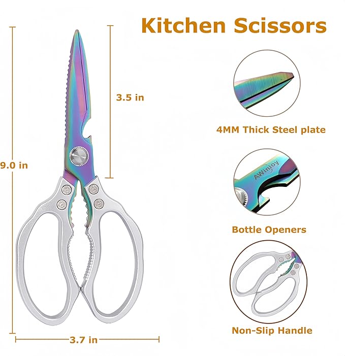 AWinjoy Heavy Duty Sharp Kitchen Scissors, Dishwasher Safe, Cooking Shears for Meat, Chicken, Fish, Poultry, Herb, Bread (Silver Color) - Image 2