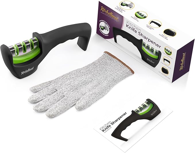 4-in-1 Kitchen Knife Accessories: 3-Stage Knife Sharpener Helps Repair, Restore and Polish Blades and Cut-Resistant Glove - Image 5