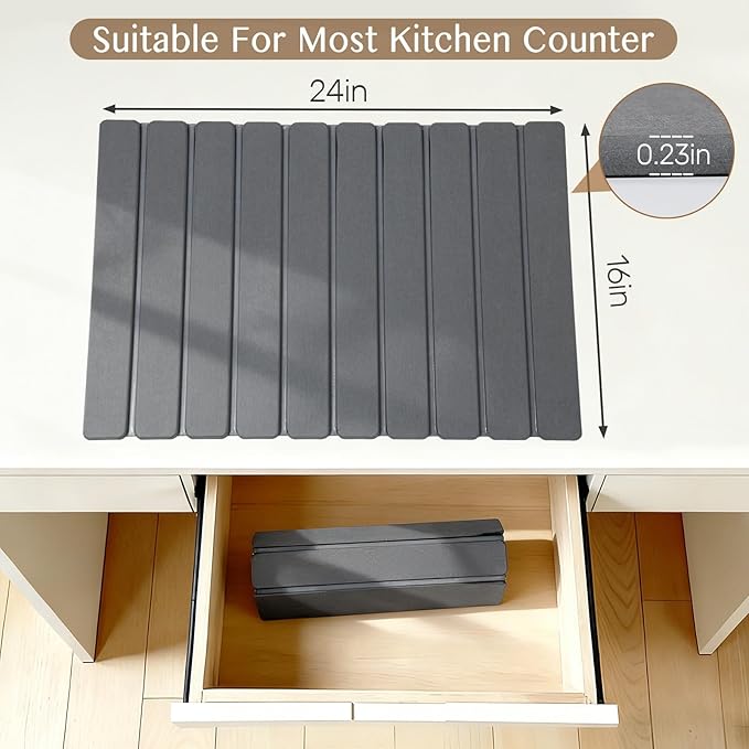 Large Stone Dish Drying Mat for Kitchen Counter, Thin & Light Quick Dry Stone Dishes Mat, Foldable Water Absorbing Diatomite Drying Pad for Kitchen Bathroom Sink Countertop (Pure Gray 24"×16" & 8"x4") - Image 5