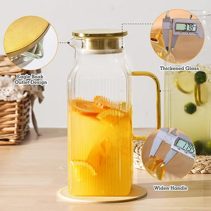 2 Pack 68oz/2 Liter Square Glass Pitcher with Handle and Lid, Classic Stripes Glass Water Pitcher with Handle for Fridge, Iced Tea, Coffee, Borosilicate Glass Carafe for Hot/Cold Brew Drink
