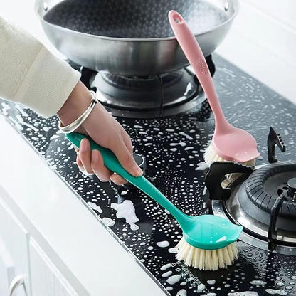 2 Pack Kitchen Dish Brush with Handle – Long Handle Scrubber with Tough Bristles, Pink