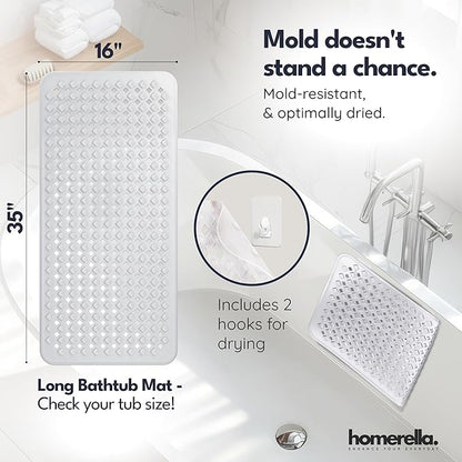 Bathtub Mat Non Slip 35x16 - homerella® Bath Mat Incl. Hooks for Drying, Extra Long, 100% BPA Free, Shower Mat Non Slip Anti Mold, Machine Washable, Shower Mats for Inside Shower Mildew Resistant