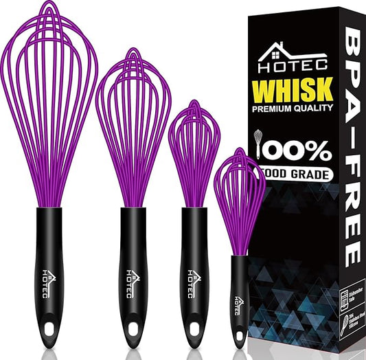 HOTEC 4 Pieces Silicone Whisks for Cooking, Wire Balloon Whisks Egg Beater, Non-Slip Handle Whisk for Non-Stick Cookware Perfect for Stirring, Beating and Blending, Stainless Steel, Purple by Hotec