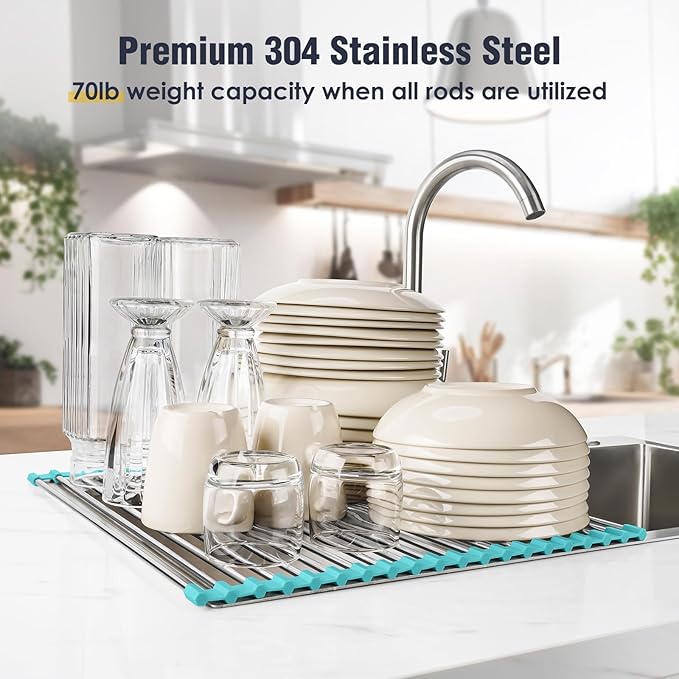 Tomorotec 21" x 15.5" Roll Up Dish Drying Rack Over Sink Drying Rack Sink Cover Kitchen Sink Accessories Gadget Multipurpose Organizer Foldable Stainless Steel Drainer - Image 5