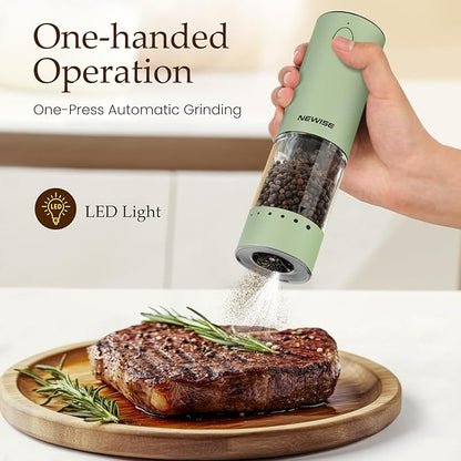 Newise Electric Salt and Pepper Grinder Set Rechargeable with LED Lights, Automatic Pepper & Salt Mill, Adjustable Coarseness, Large Capacity, Green