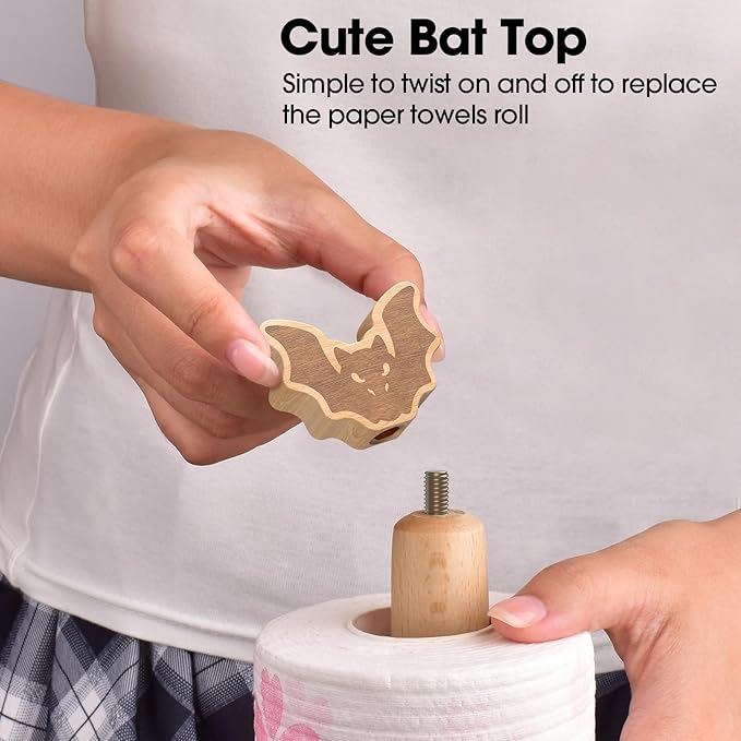 KitchLife Cute Wooden Paper Towel Holder Countertop - Solid Freestanding Paper Towel Dispenser Stand Organizer with Anti-Skid Base (Bat) - Image 5