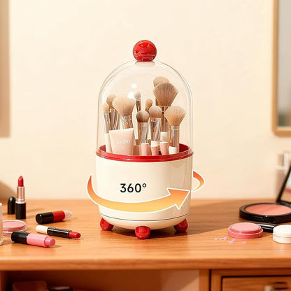 Makeup Brush Holder with Lid, Cosmetic Tools Organizer with Cover, 360° Rotating Sliding Opening Dustproof Brushes Container for Vanity, Ideal Gift for Girlfriend Wife Friends (Red)