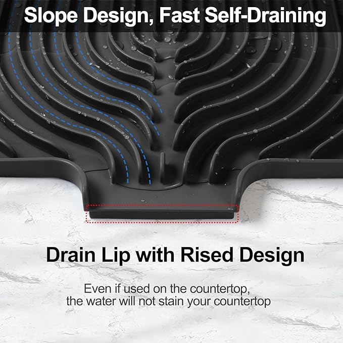 Dish Drying Mat for Kitchen Counter, with Built-in Drain Lip, Food-Grade Silicone, Easy Clean Pad for Countertop Protection, Multi-Functional Use (18x11.8, Black) - Image 2