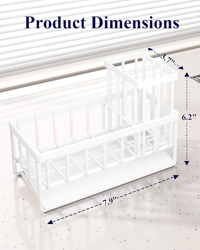 Kitsure Sponge Holder for Kitchen Sink - Rustproof Stainless Steel Sink Caddy Organization and Storage Essentials with High Brush Holder, Home Decor Accessories, 7.9" x 3.7" x 6.2", White - Image 2