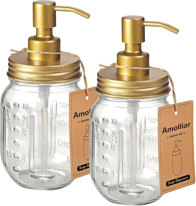 Amolliar Mason Jar Liquid Soap Dispenser -Rustproof Stainless Steel Farmhouse Decor for Bathroom Vanities,Kitchen Sink/ Liquid Soap Pumps for Hand Soap,Dish Soap,Lotions/Golden -2 Pack by Amolliar