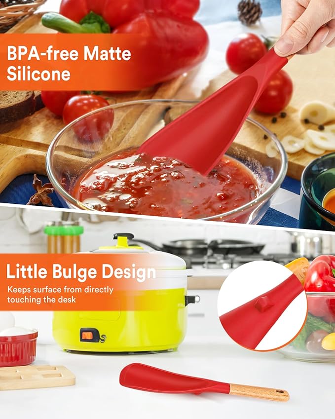 Cooking Spoon for Nonstick Cookwares, Great for Cooking and Serving Sturdy BPA-Free Matte Silicone, Wood Handle Spoon for Mixing, Scoop, and Scrape (2 Pack of Red, 11.4 inch) - Image 5