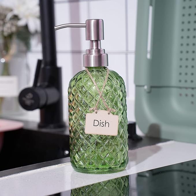 16 oz Diamond Pattern Glass Soap Dispenser, Kitchen and Bathroom Refillable Soap Dispenser with Rust Resistant Stainless Steel Pump for Hand Soap, Lotion Glass Liquid Dispenser(Green) - Image 2