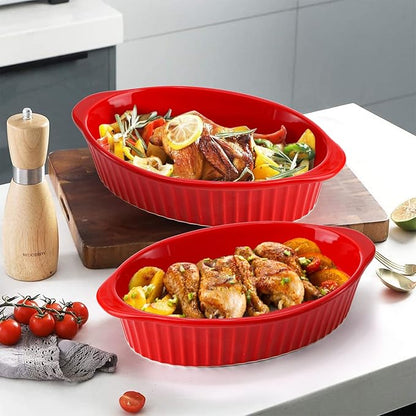 Foraineam 4 Pcs 15 oz Porcelain Oval Baking Dish Set, 8.7 x 5.3 x 1.7 inch Oven Safe Au Gratin Pans Small Table Serving Dishes, Lasagna Pan Crème Brulee Bakeware Set with Double Handles