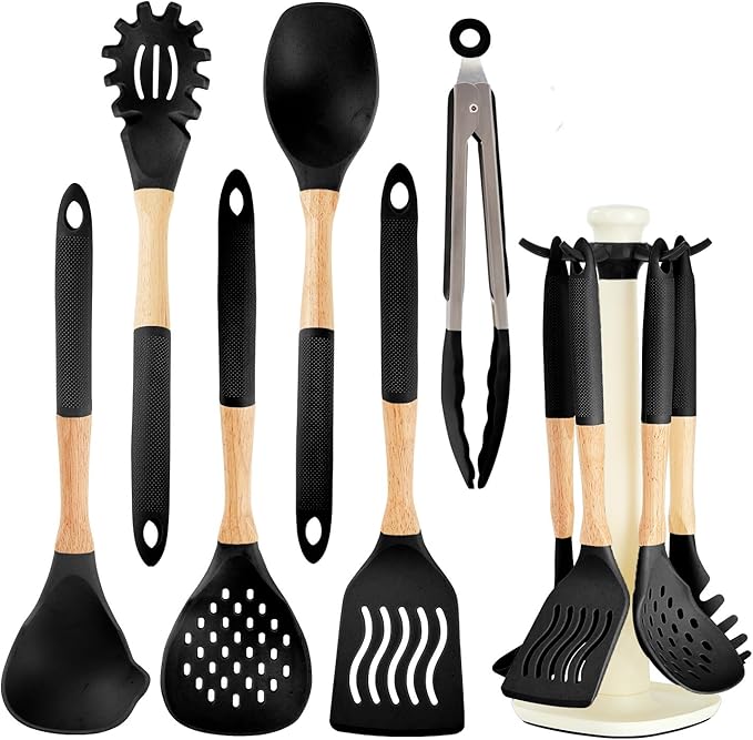 Kitchen Utensils Set - 7 PCS Non-Stick Silicone Cooking Utensils Set Spatula Set with Holder, Wooden Handle Spoon,Tongs,Whisk Kitchen Gadgets Tools Set for Nonstick Cookware (Black-7Max) by Stylishkitchenjoyfulmoment