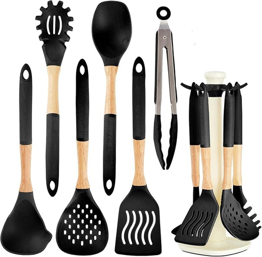 Kitchen Utensils Set - 7 PCS Non-Stick Silicone Cooking Utensils Set Spatula Set with Holder, Wooden Handle Spoon,Tongs,Whisk Kitchen Gadgets Tools Set for Nonstick Cookware (Black-7Max) by Stylishkitchenjoyfulmoment