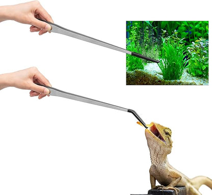 Lasnten 2 Pcs Extra Long Stainless Steel Reptile Feeding Tongs with Rubber Tip 18.5 Inch, 18.9 Inch Bearded Dragon Aquarium Straight and Curved Long Tweezer Terrarium Feeder Tool for Tank(Silver)