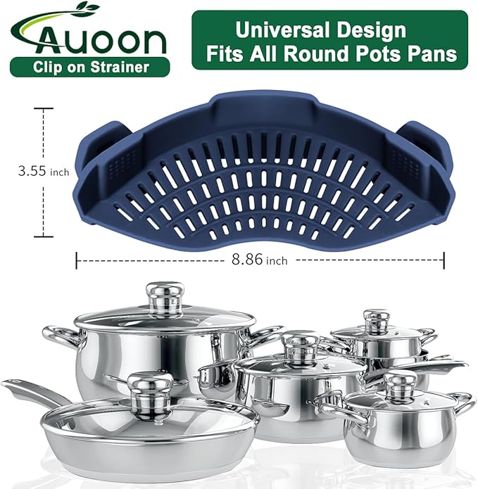 AUOON Clip On Strainer Silicone for All Pots and Pans, Pasta Strainer Clip on Food Strainer for Meat Vegetables Fruit Silicone Kitchen Colander (Navy) - Image 2