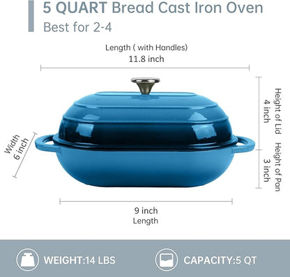 Premium Enameled Cast Iron Dutch Oven for Bread Baking | Non-Stick 5QT Oval Bread Oven with Lid | Perfect for Sourdough, Loaf, and Artisan Baking (Oval Blue, 5 QT)