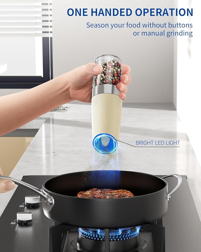 CIRCLE JOY Gravity Electric Salt and Pepper Grinder Set Automatic Salt and Pepper Grinder Set with LED Light, Battery Operated, Adjustable Coarseness, Large Capacity, for Home Kitchen BBQ, Beige - Image 4