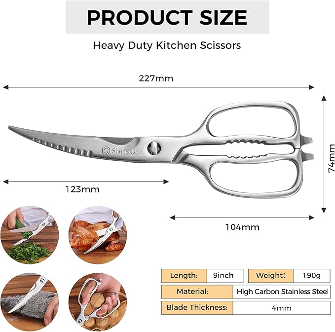 Sunnecko Heavy Duty Kitchen Scissors - Stainless Steel Kitchen Shears, Ultra Sharp Micro Serrated Poultry Shears, Cooking Scissors for Meat, 9 Inch Curved Blades - Image 3