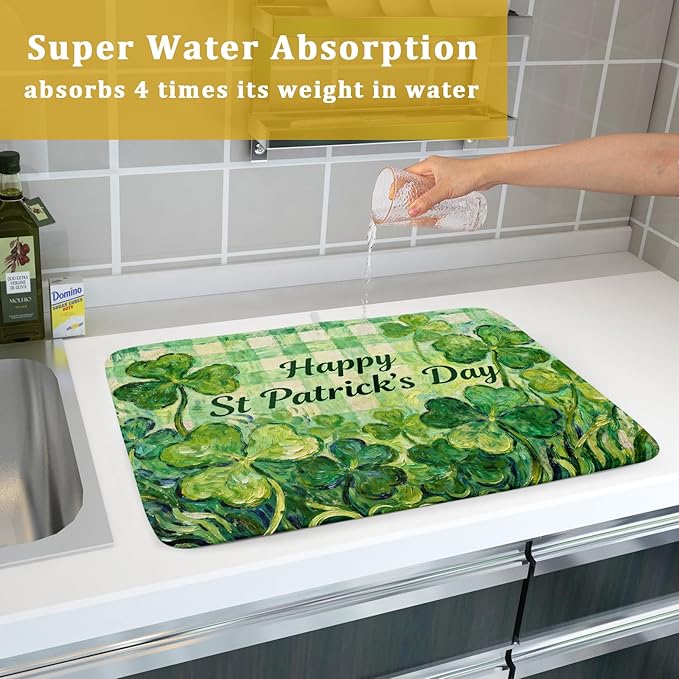St Patrick's Day Shamrock Dish Drying Mat for Kitchen Counter 18x24 Green Lucky Clover Plaid Happy Holiday Absorbent Reversible Microfiber Drying Mats Kitchen Countertop Protector Dishes Drainer Pad - Image 7
