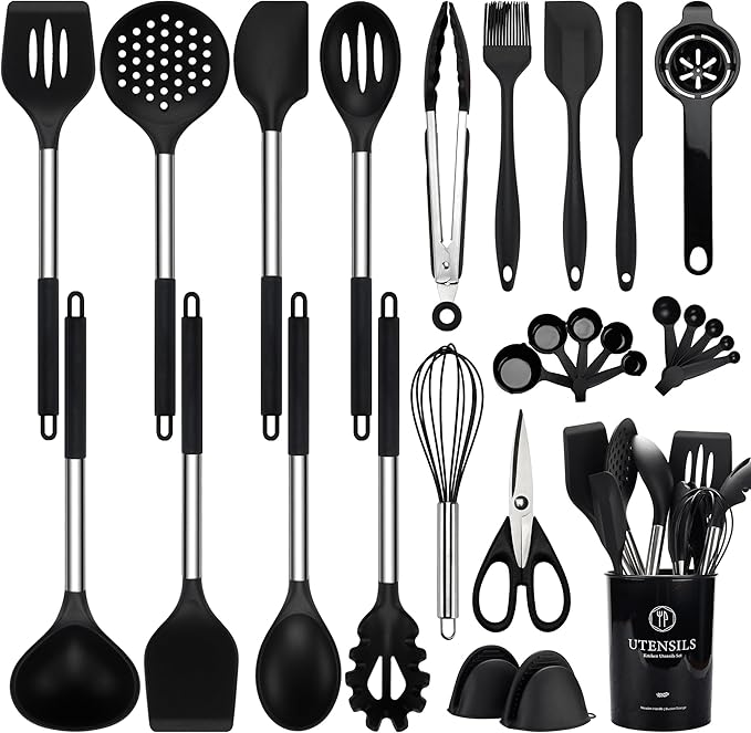 NCUE Silicone Cooking Utensils Set, 28 Pcs Kitchen Utensils Set 446°F Heat Resistant Spatula Set, Food Grade Silicone and Stainless Steel Handle Kitchen Gadgets for Nonstick Cookware BPA Free by NCUE