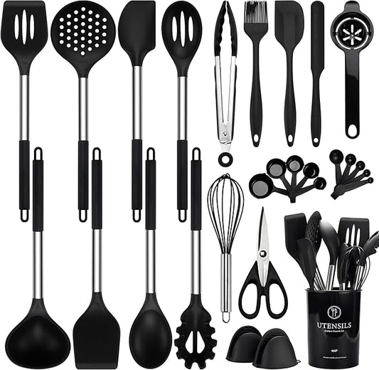 NCUE Silicone Cooking Utensils Set, 28 Pcs Kitchen Utensils Set 446°F Heat Resistant Spatula Set, Food Grade Silicone and Stainless Steel Handle Kitchen Gadgets for Nonstick Cookware BPA Free by NCUE