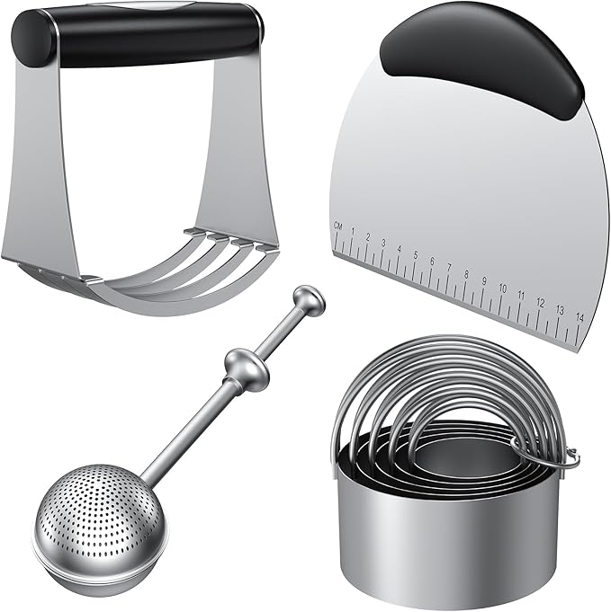 Biscuit Cutter Set, Stainless Steel Flour Sifter, Pastry Cutter, Pastry Scraper and Dough Blender, Flour Sieve for Quick Sifting Cakes and Spices, Professional Baking Dough Tools (4 Set) by Unknown