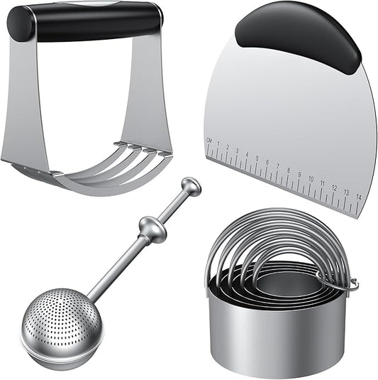 Biscuit Cutter Set, Stainless Steel Flour Sifter, Pastry Cutter, Pastry Scraper and Dough Blender, Flour Sieve for Quick Sifting Cakes and Spices, Professional Baking Dough Tools (4 Set) by Unknown