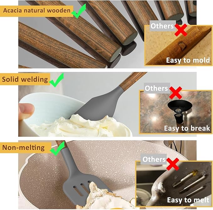 Umite Chef Silicone Cooking Utensil Set, 8-Piece Kitchen Utensils Set with Natural Acacia Wooden Handles,Food-Grade-Silicone Kitchen Gadgets and Spatula Set for Nonstick Cookware - Grey - Image 6