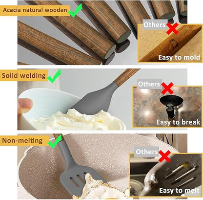 Umite Chef Silicone Cooking Utensil Set, 8-Piece Kitchen Utensils Set with Natural Acacia Wooden Handles,Food-Grade-Silicone Kitchen Gadgets and Spatula Set for Nonstick Cookware - Grey - Image 6