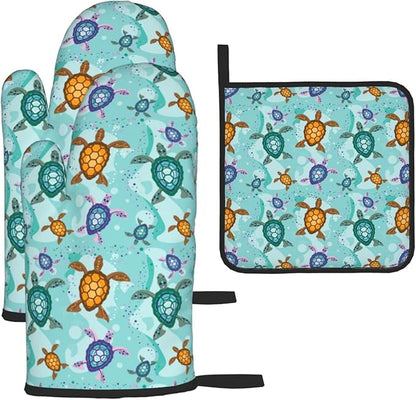 Cute Sea Turtle Beach Oven Mitts and Pot Holders Set Ocean Themed Decorative Heat Resistant Microwave Oven Gloves for BBQ Baking Grilling Cooks Kitchen Decor 3 Piece by Unknown