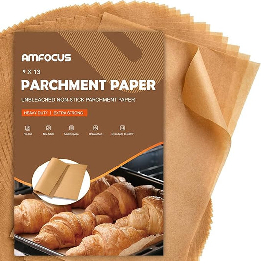 200 Pcs Parchment Paper Sheets, 9x13 In Non-Stick Precut Baking Parchment for Baking, Grilling, Air Fryer, Steaming, and More (Unbleached) - Quarter Sheet Size, Perfect for Bread, Cakes, Cookies by AMFOCUS