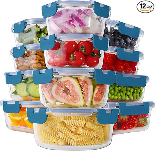 HOMBERKING 24pc Glass Food Storage Containers with Lids, Glass Meal Prep Containers, Airtight Bento Boxes, BPA Free & Leak Proof, Pantry Kitchen Storage(12 lids & 12 Containers) - Deep Blue